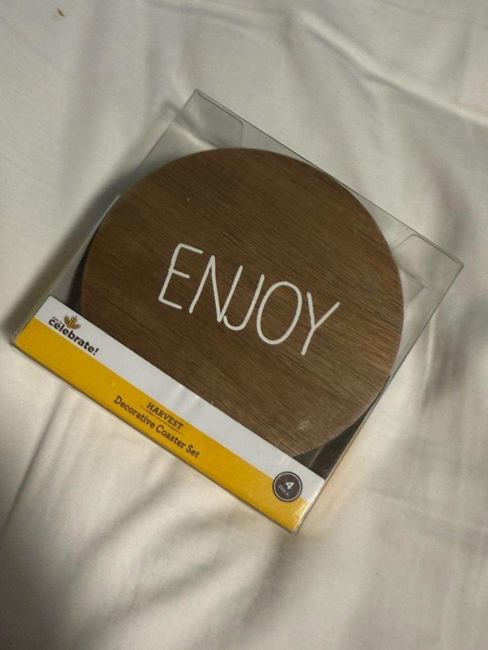 Coaster Set of (4) Wooden Round with different sayings on them - Brown